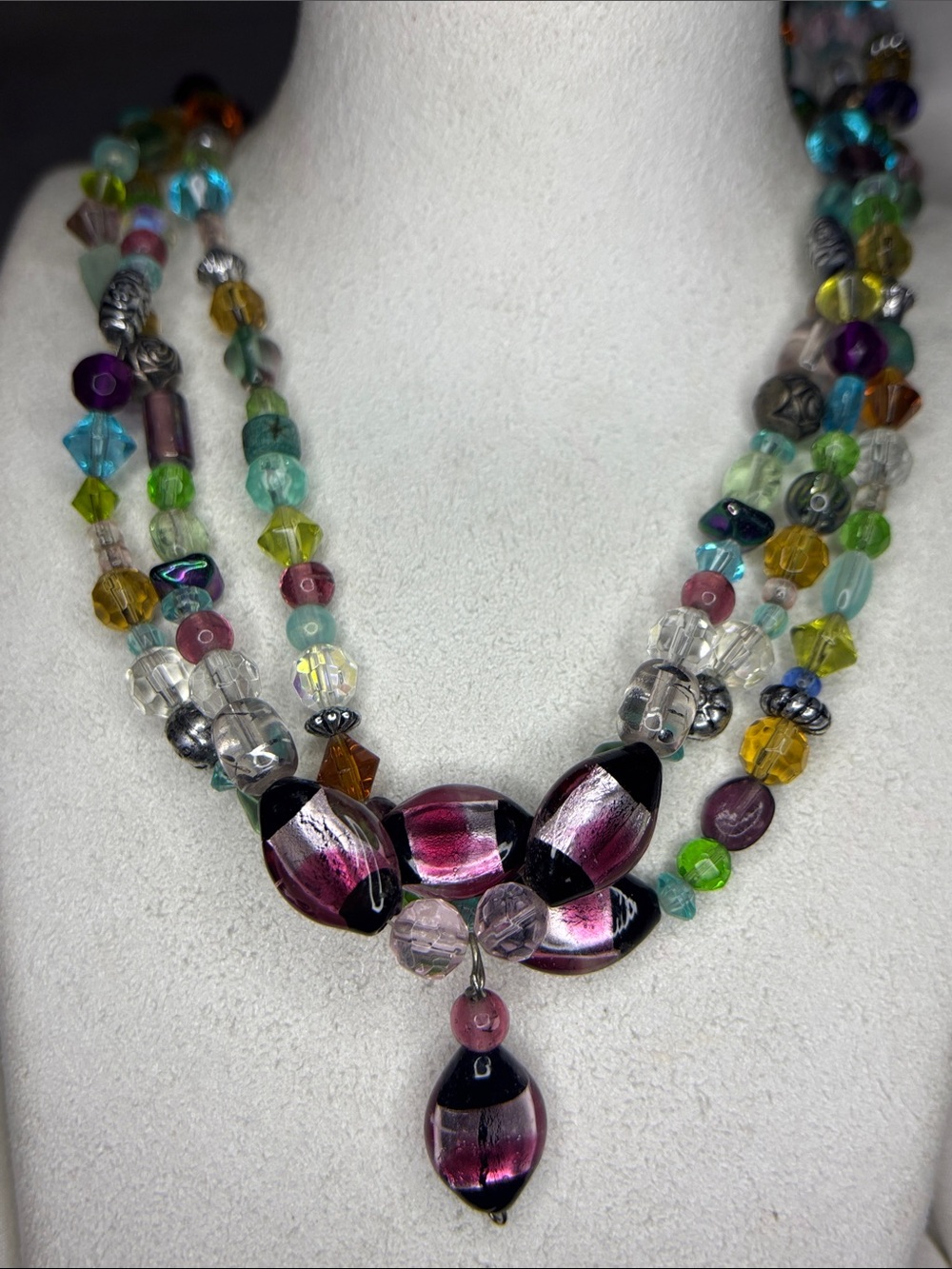 Multicolor Glass Bead Necklace with Pink Focal Drops